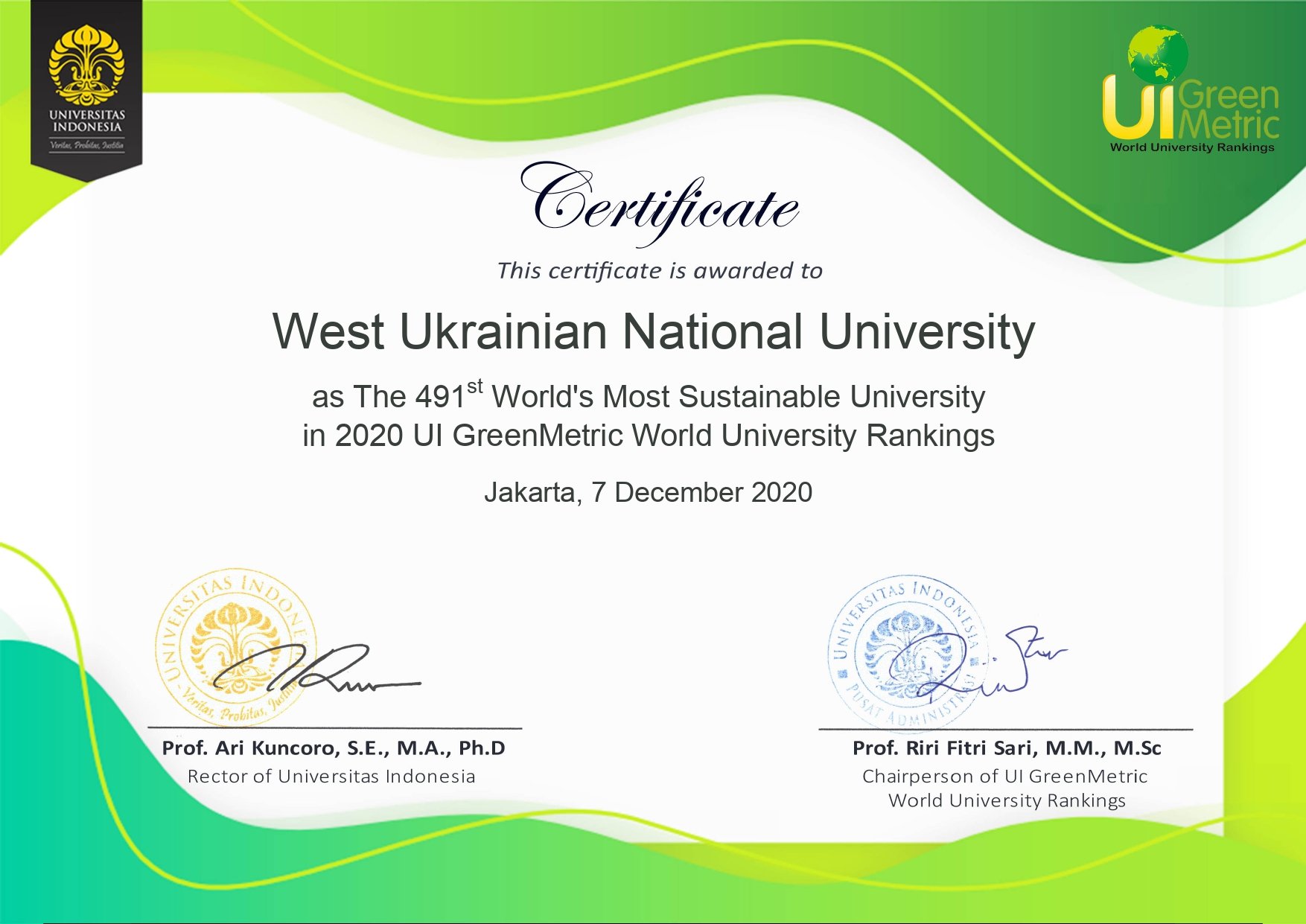 Вітаємо ЗУНУ з високими позиціями у рейтингу UI GreenMetric2020!